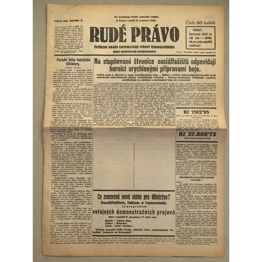 Rudé právo (8.12.1929) - 1. republika, staré noviny