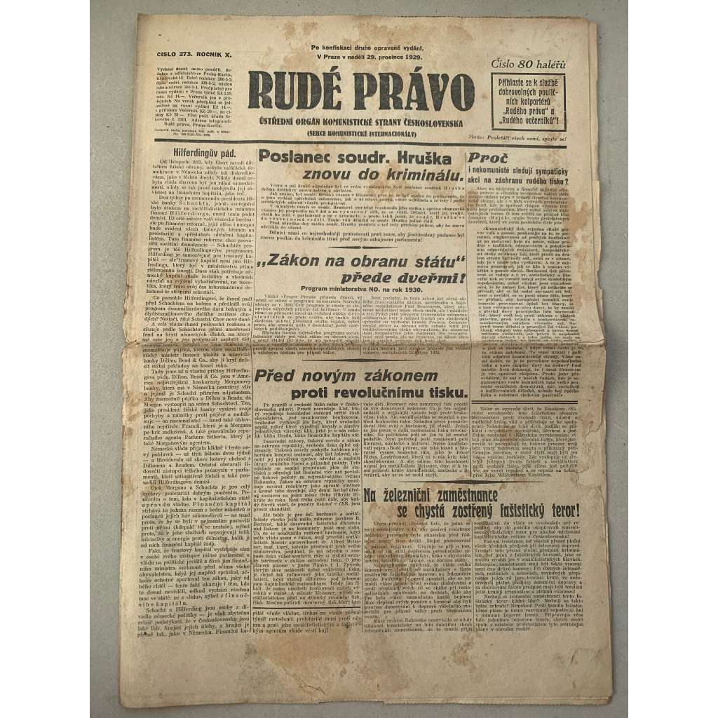 Rudé právo (29.12.1929) - 1. republika, staré noviny