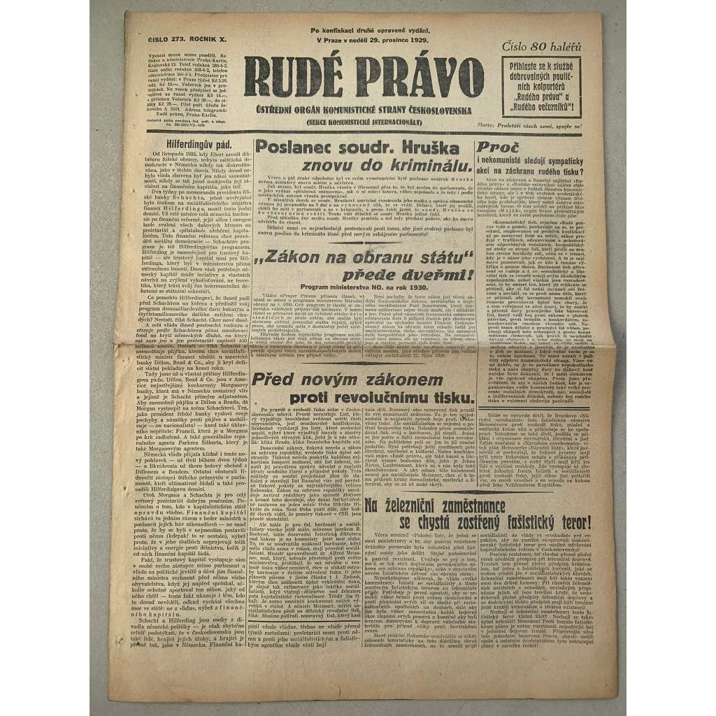 Rudé právo (29.12.1929) - 1. republika, staré noviny
