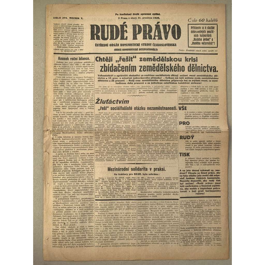 Rudé právo (31.12.1929) - 1. republika, staré noviny