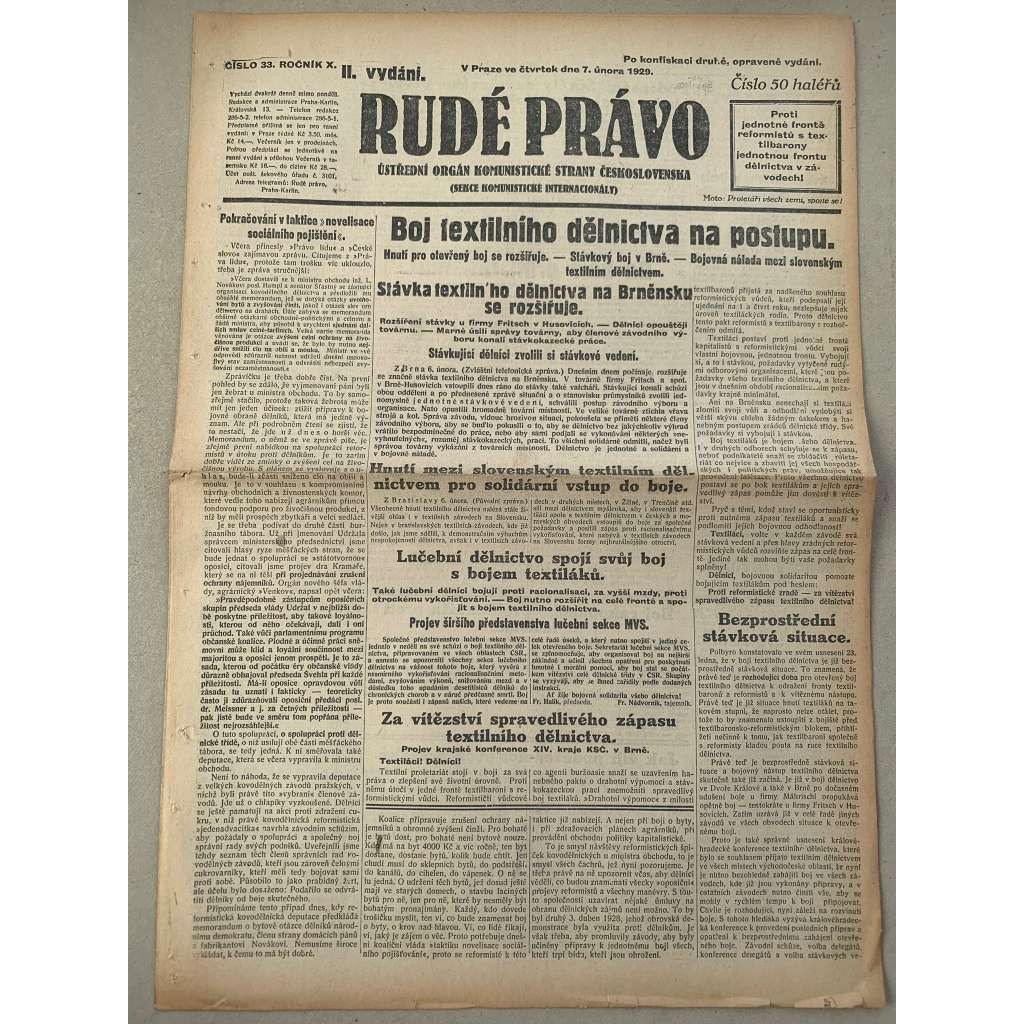 Rudé právo (7.2.1929) - 1. republika, staré noviny