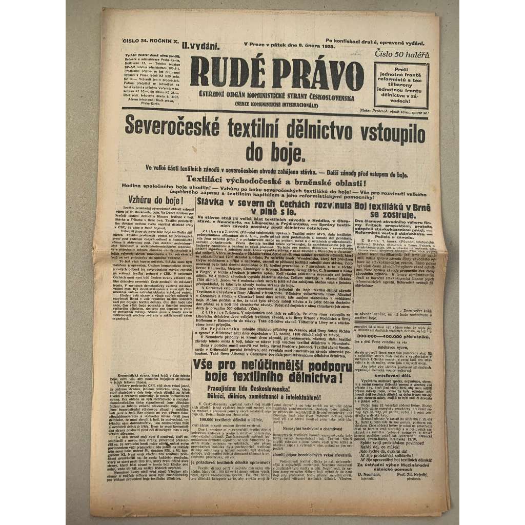 Rudé právo (8.2.1929) - 1. republika, staré noviny