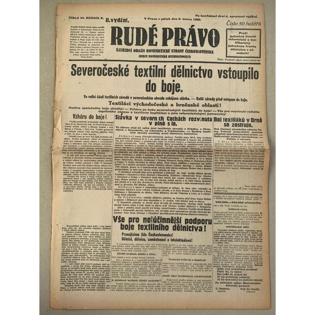 Rudé právo (8.2.1929) - 1. republika, staré noviny