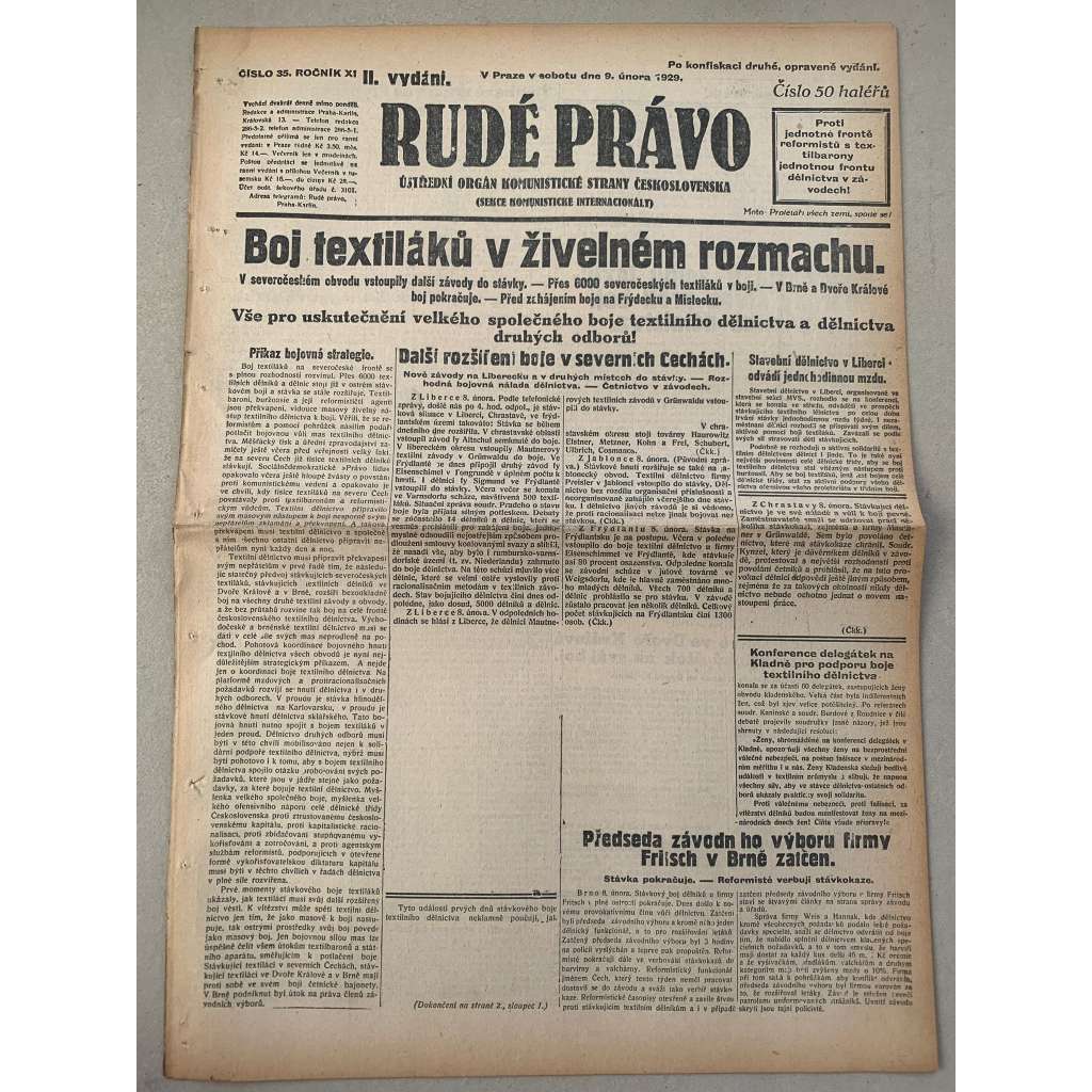 Rudé právo (9.2.1929) - 1. republika, staré noviny