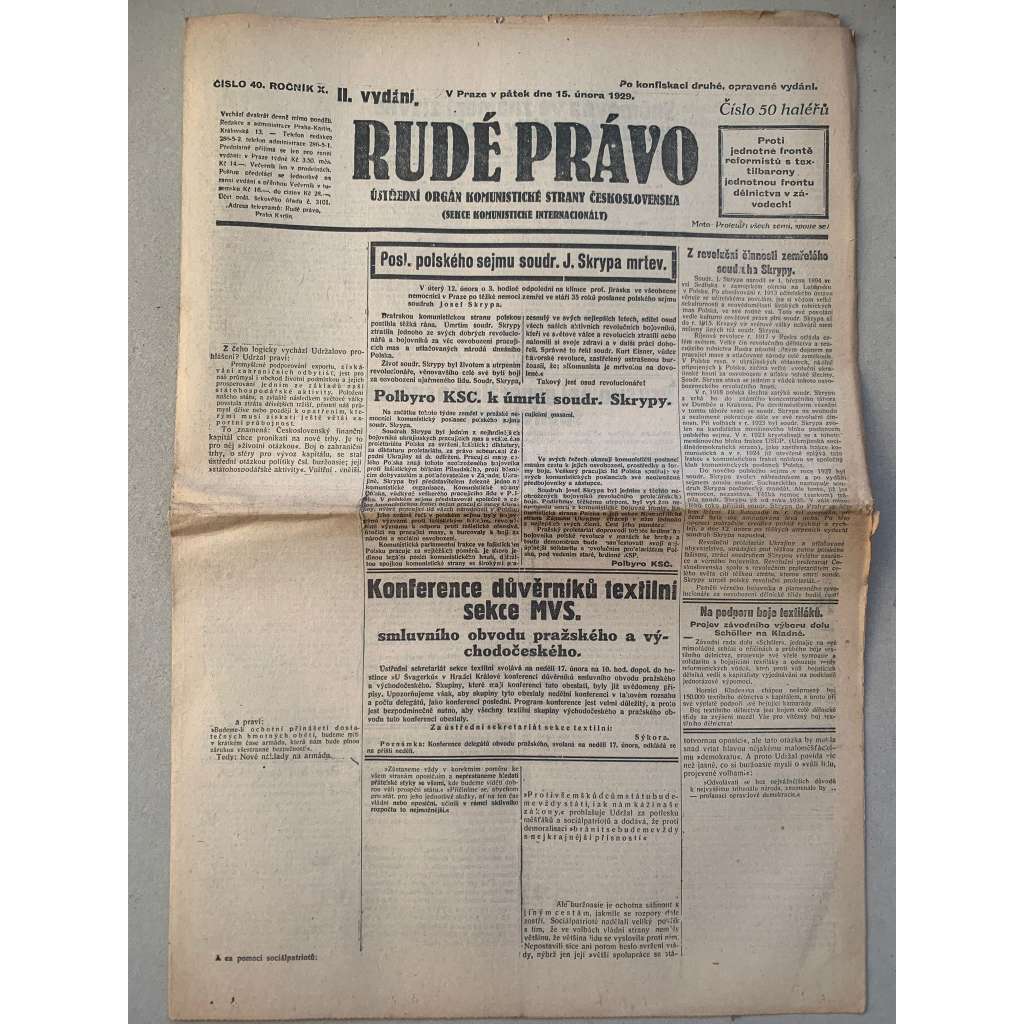 Rudé právo (15.2.1929) - 1. republika, staré noviny Rudé právo (15.2.1929) - 1. republika, staré noviny