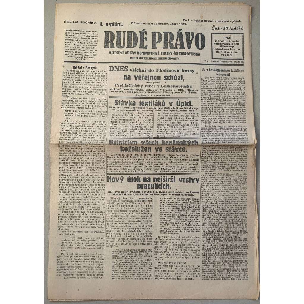 Rudé právo (20.2.1929) - 1. republika, staré noviny Rudé právo (20.2.1929) - 1. republika, staré noviny