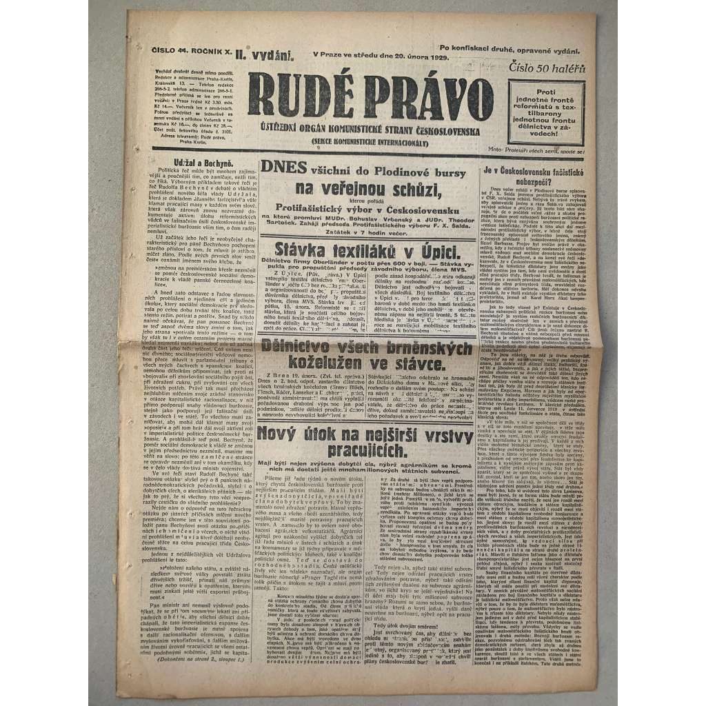 Rudé právo (20.2.1929) - 1. republika, staré noviny Rudé právo (20.2.1929) - 1. republika, staré noviny