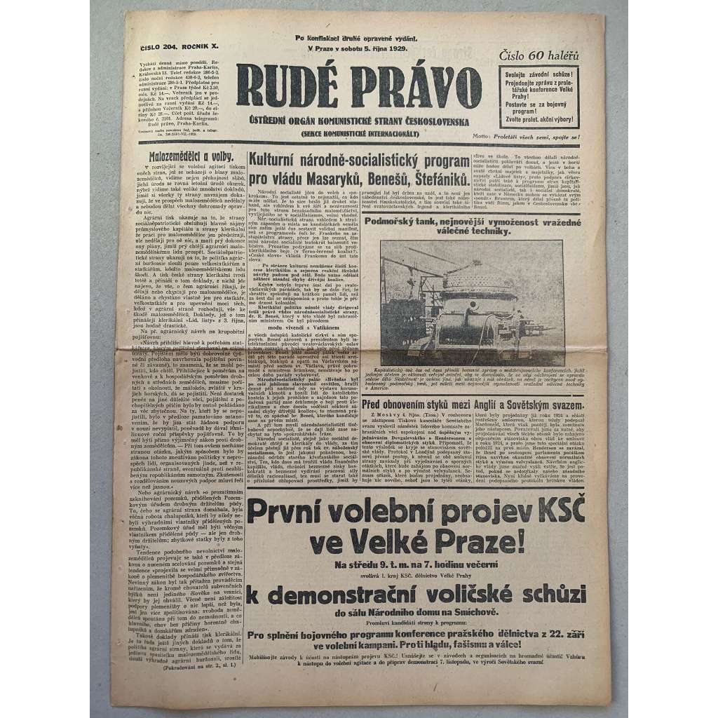 Rudé právo (5.10.1929) - 1. republika, staré noviny
