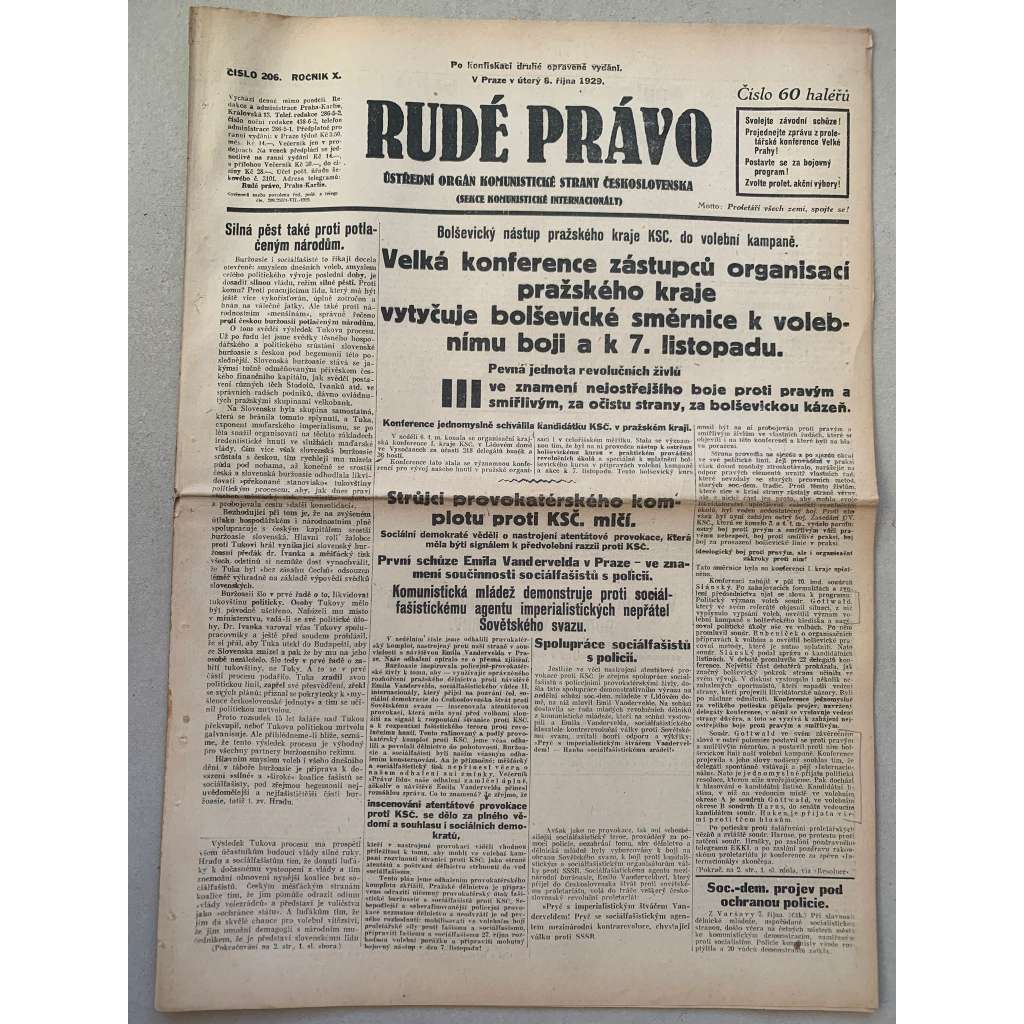 Rudé právo (8.10.1929) - 1. republika, staré noviny
