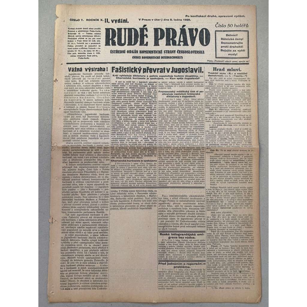 Rudé právo (8.1.1929) - 1. republika, staré noviny