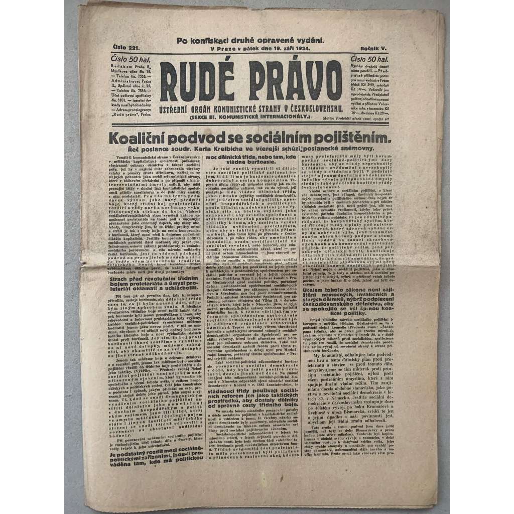 Rudé právo (19.9.1924) - 1. republika, staré noviny