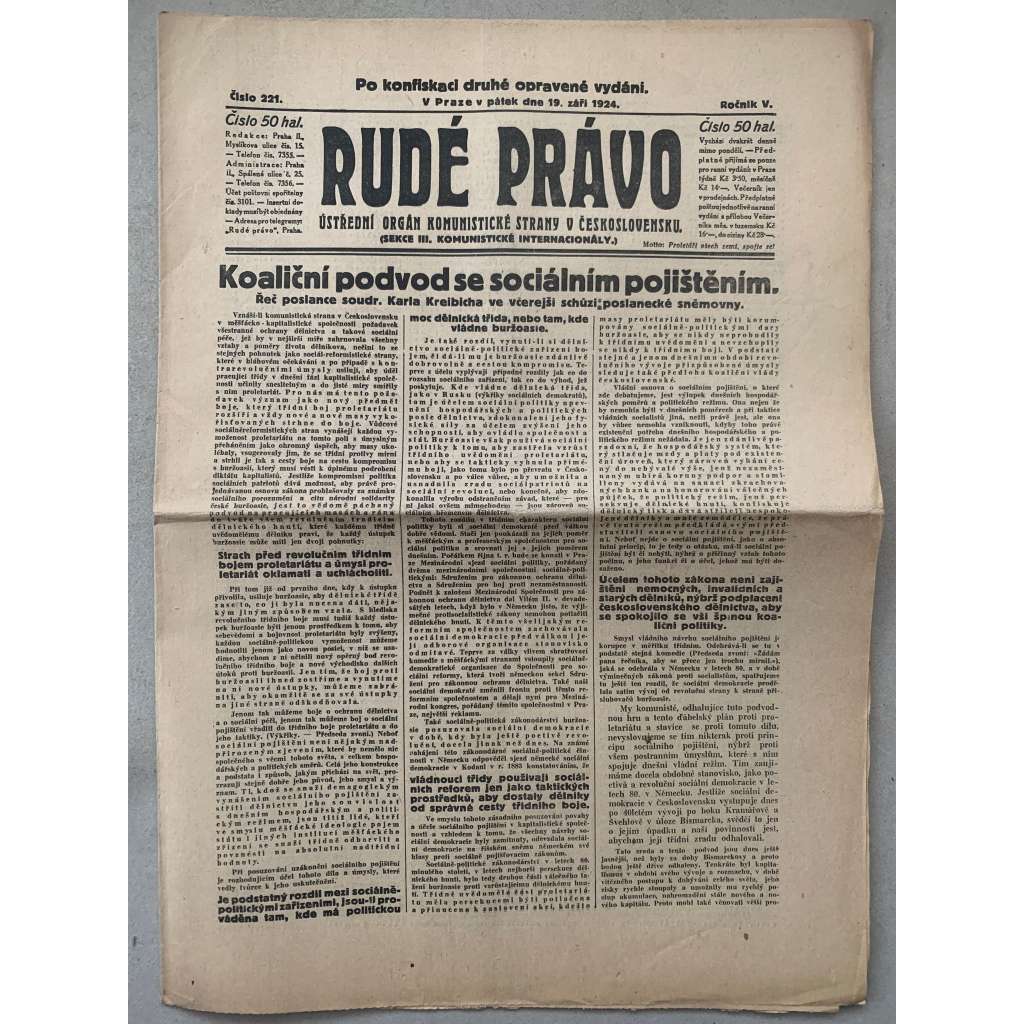 Rudé právo (19.9.1924) - 1. republika, staré noviny