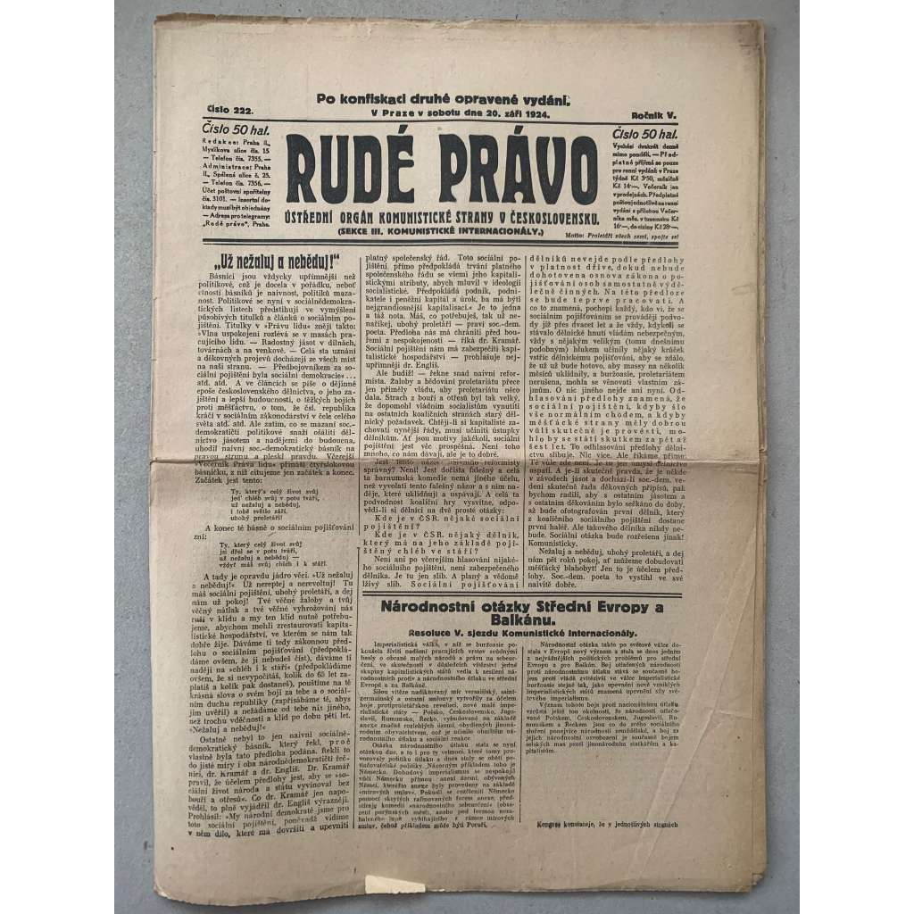 Rudé právo (20.9.1924) - 1. republika, staré noviny