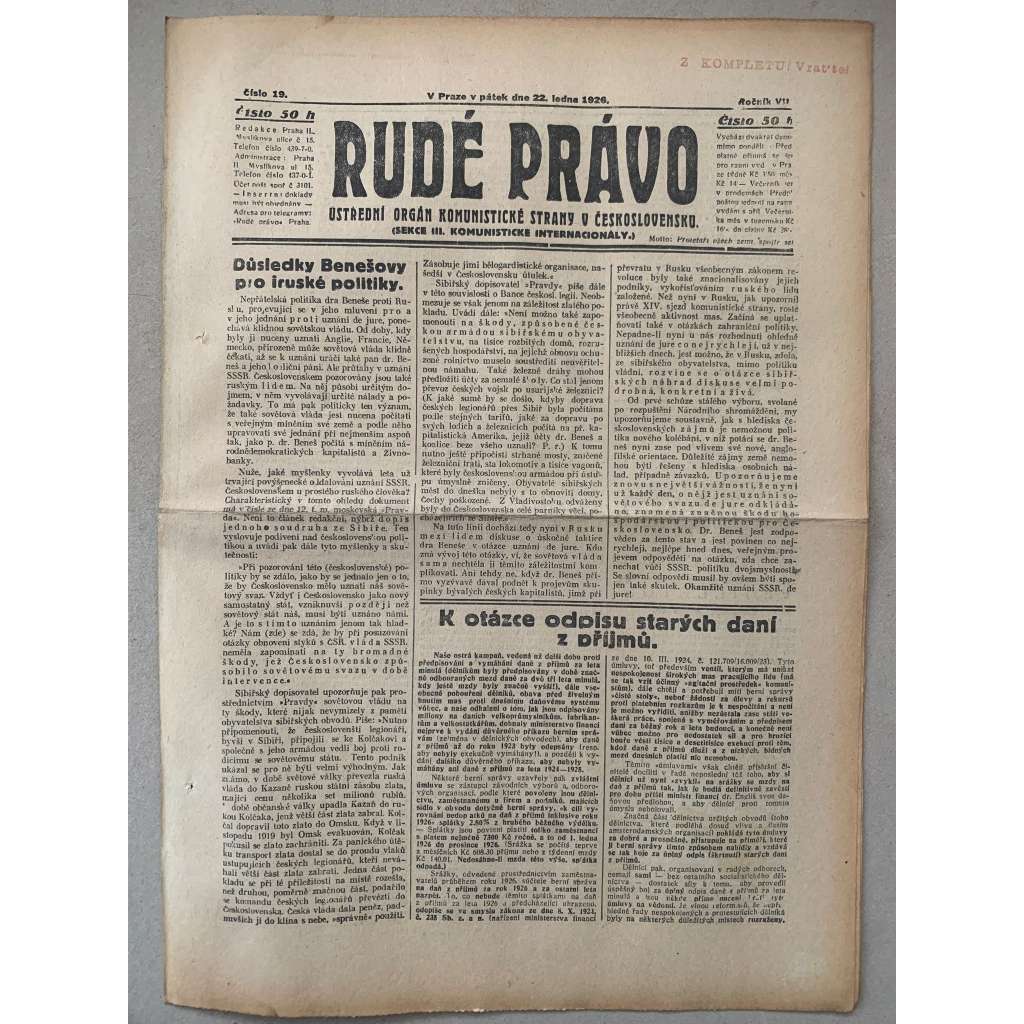 Rudé právo (22.1.1926) - 1. republika, staré noviny