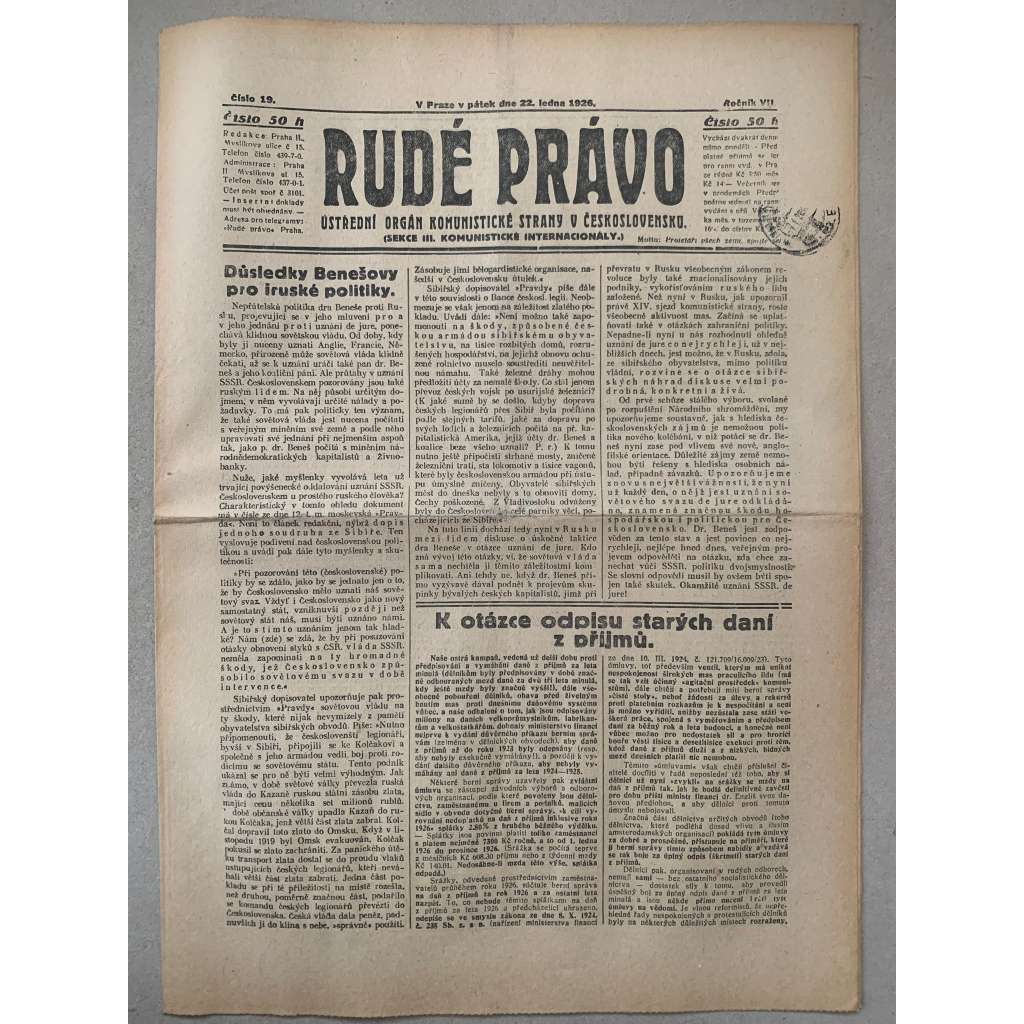 Rudé právo (22.1.1926) - 1. republika, staré noviny