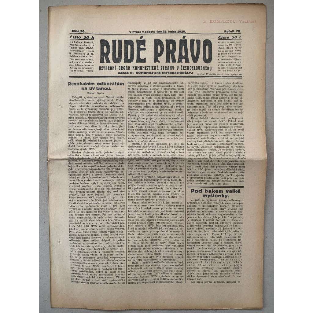 Rudé právo (23.1.1926) - 1. republika, staré noviny