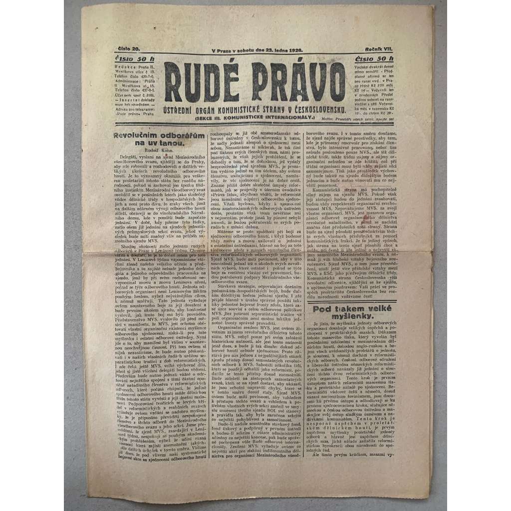 Rudé právo (23.1.1926) - 1. republika, staré noviny