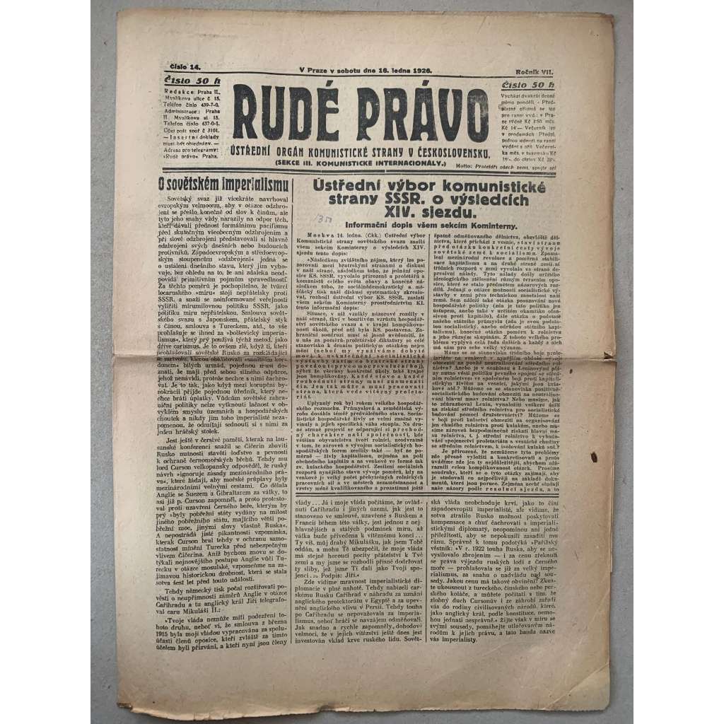 Rudé právo (16.1.1926) - 1. republika, staré noviny