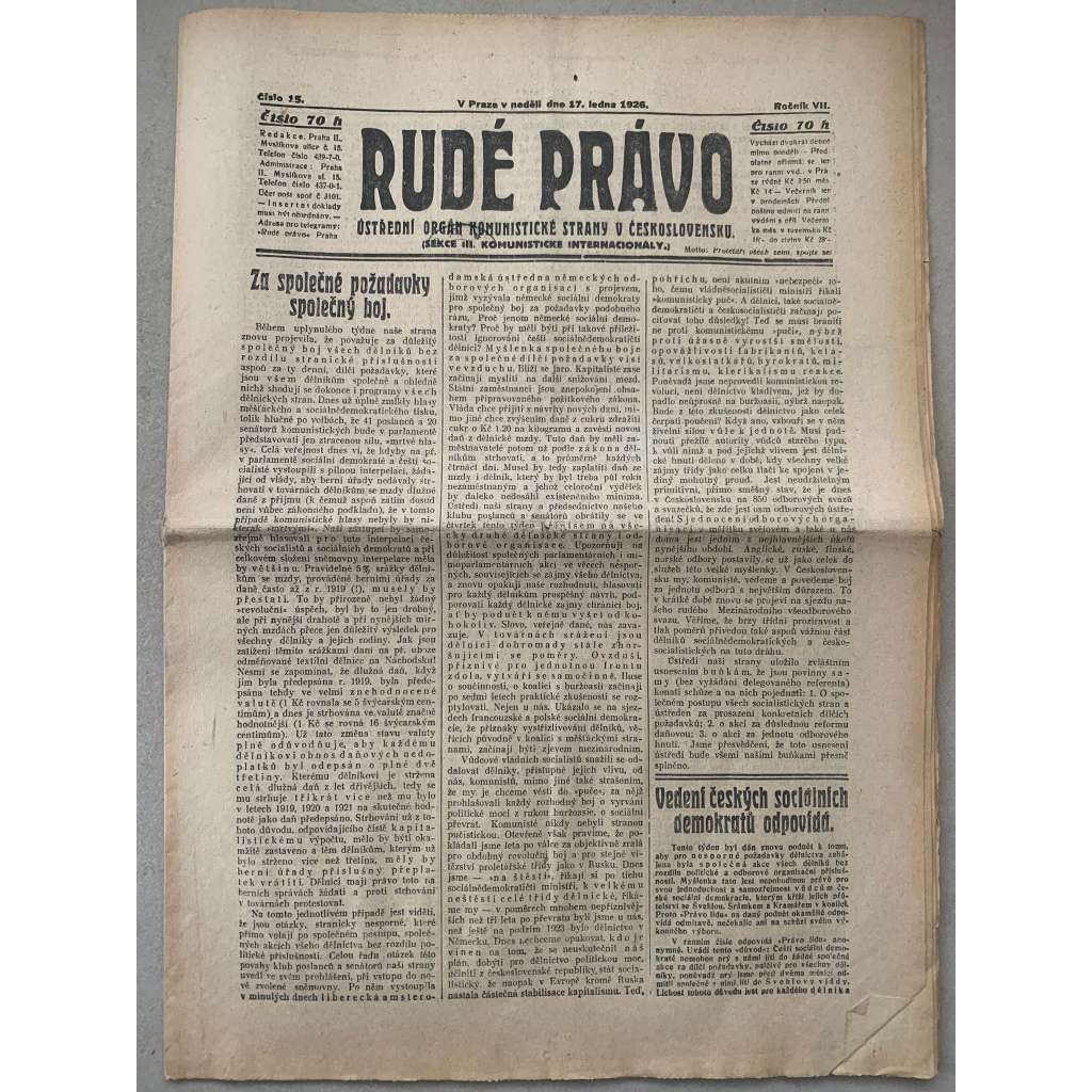 Rudé právo (17.1.1926) - 1. republika, staré noviny