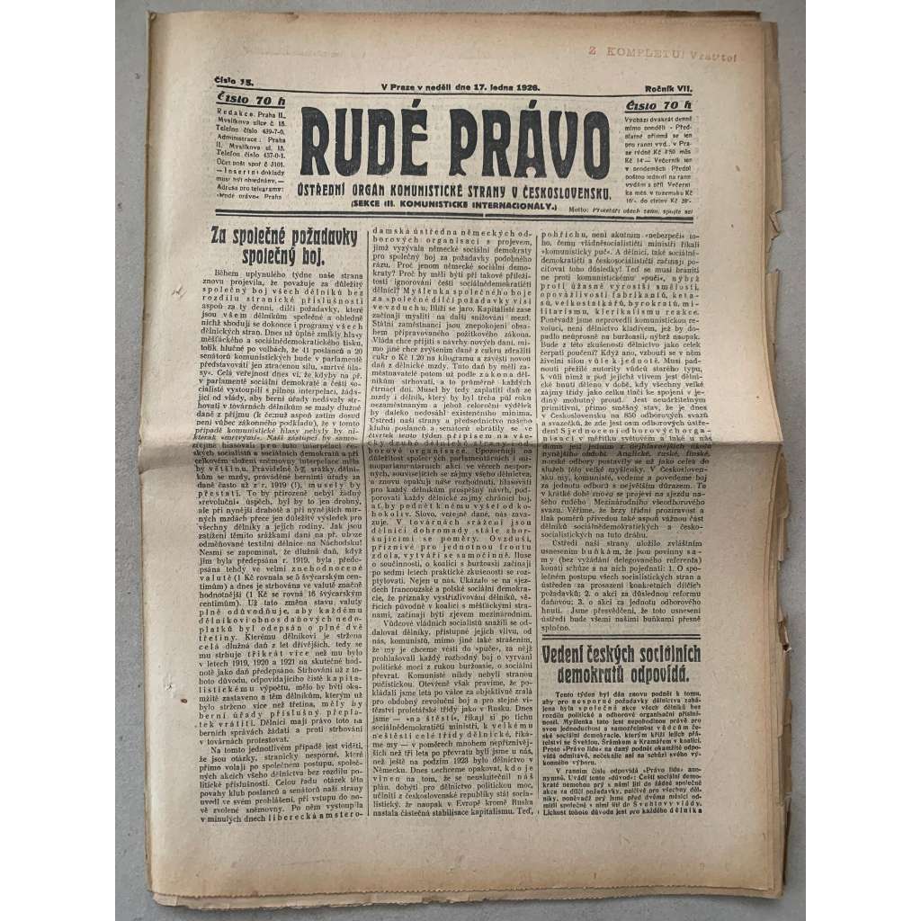 Rudé právo (17.1.1926) - 1. republika, staré noviny