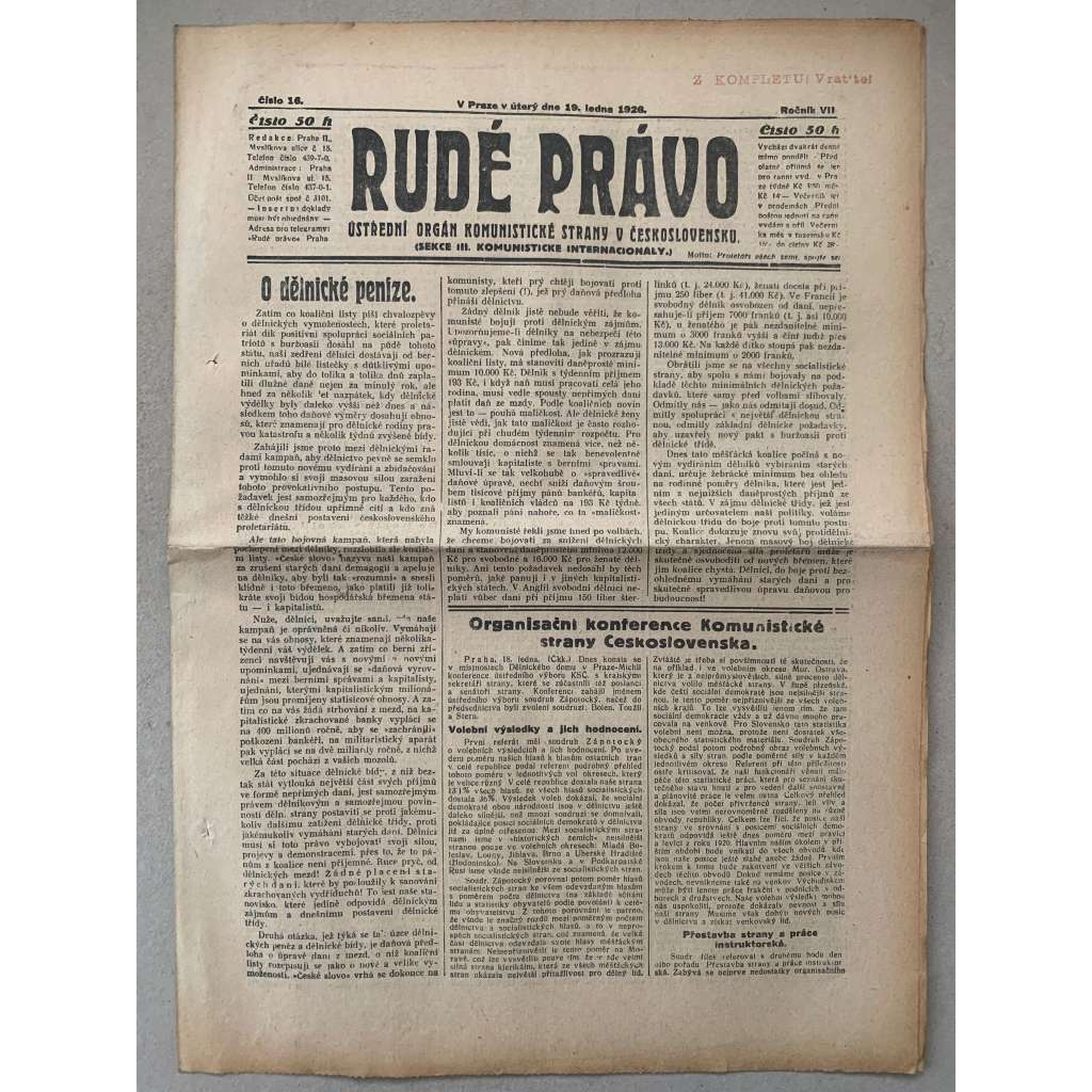 Rudé právo (19.1.1926) - 1. republika, staré noviny