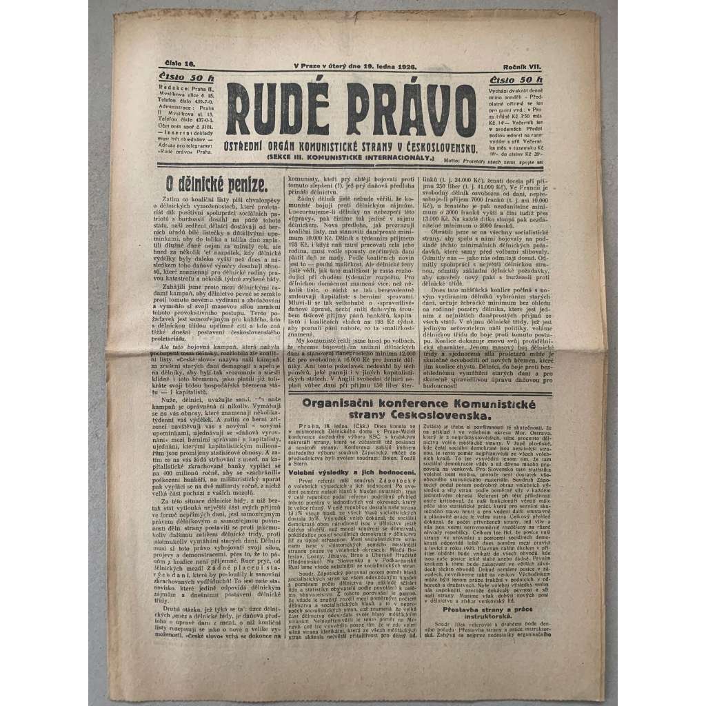Rudé právo (19.1.1926) - 1. republika, staré noviny