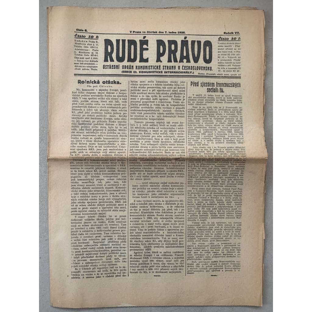 Rudé právo (7.1.1926) - 1. republika, staré noviny
