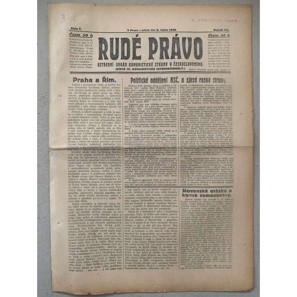 Rudé právo (8.1.1926) - 1. republika, staré noviny