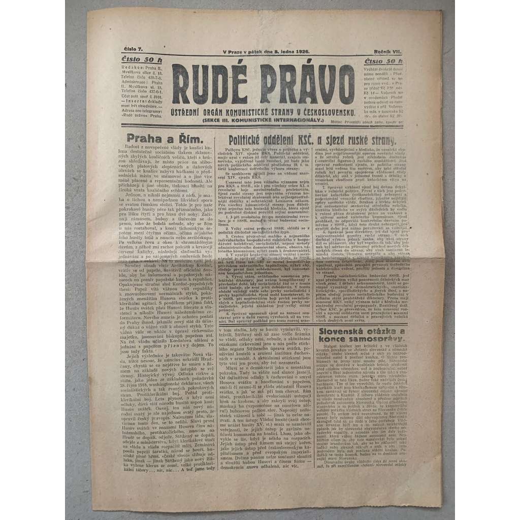 Rudé právo (8.1.1926) - 1. republika, staré noviny