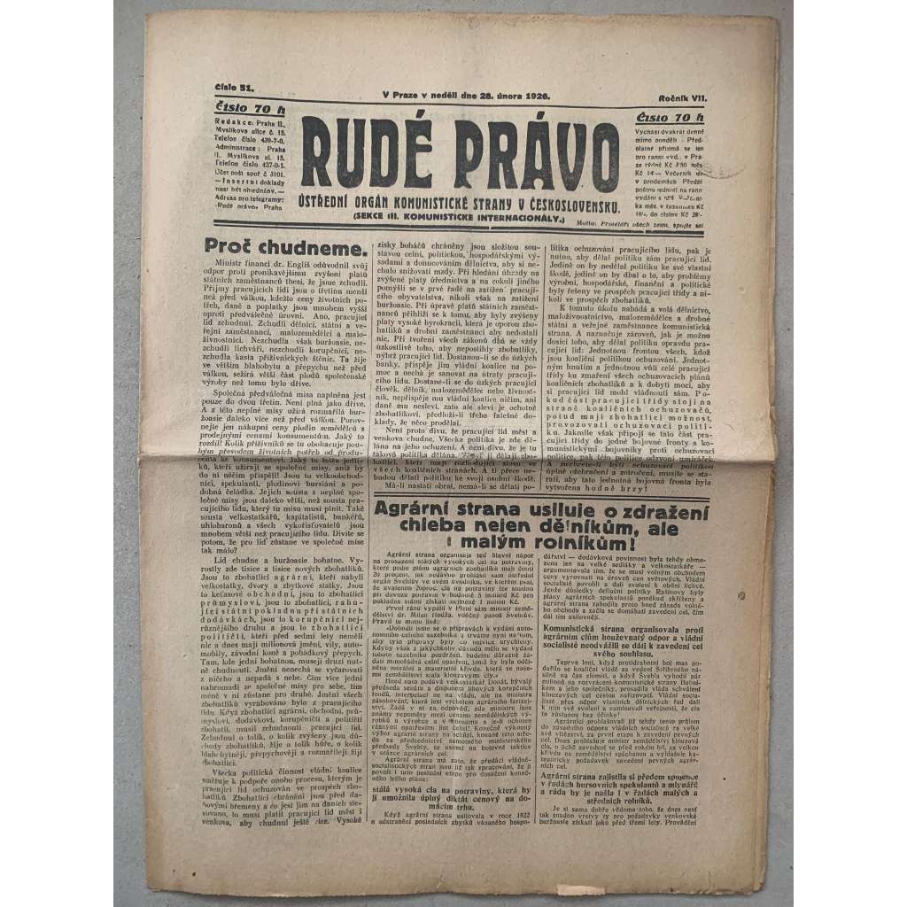 Rudé právo (28.2.1926) - 1. republika, staré noviny