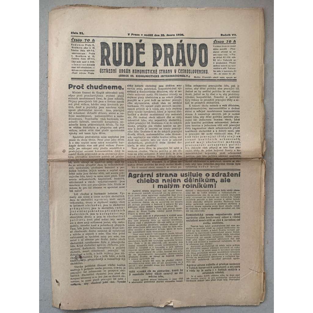 Rudé právo (28.2.1926) - 1. republika, staré noviny