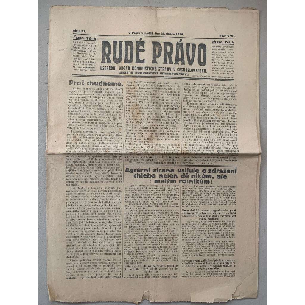 Rudé právo (28.2.1926) - 1. republika, staré noviny