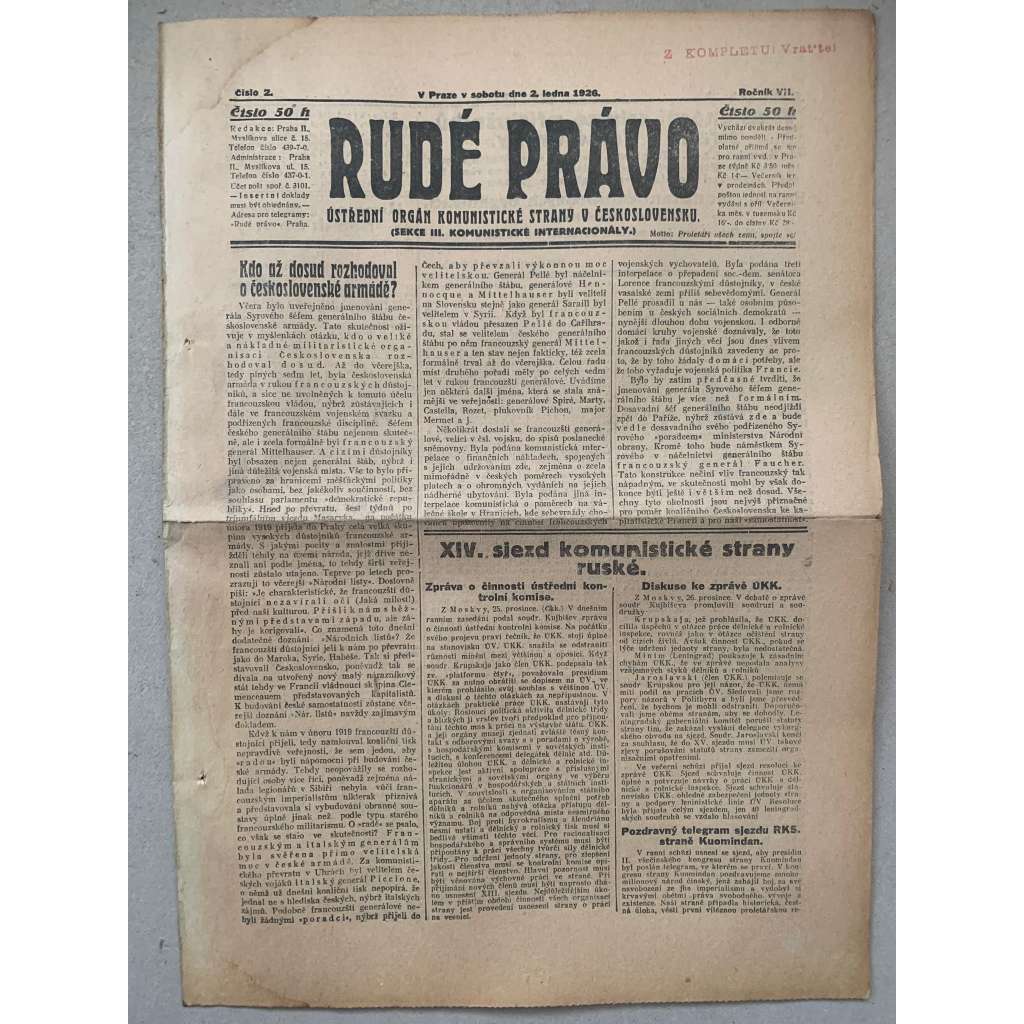 Rudé právo (2.1.1926) - 1. republika, staré noviny