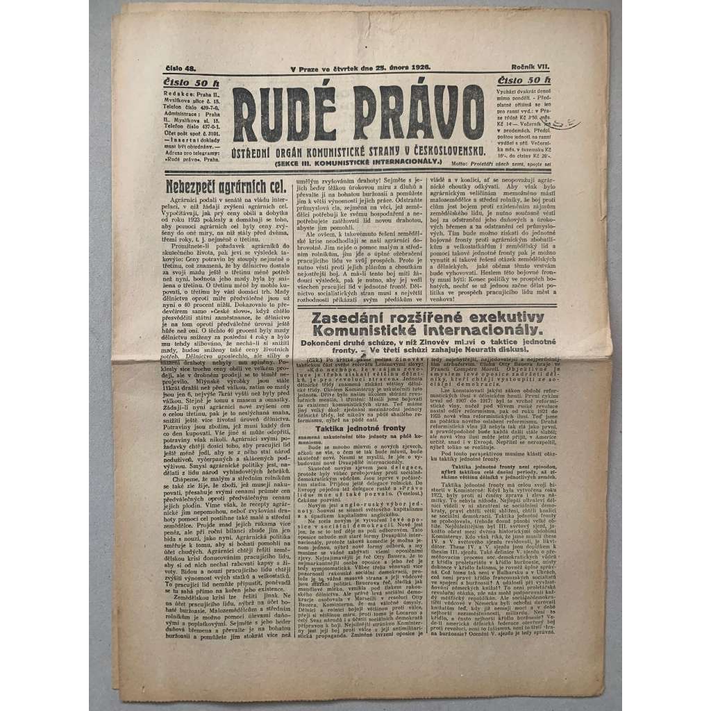 Rudé právo (25.2.1926) - 1. republika, staré noviny