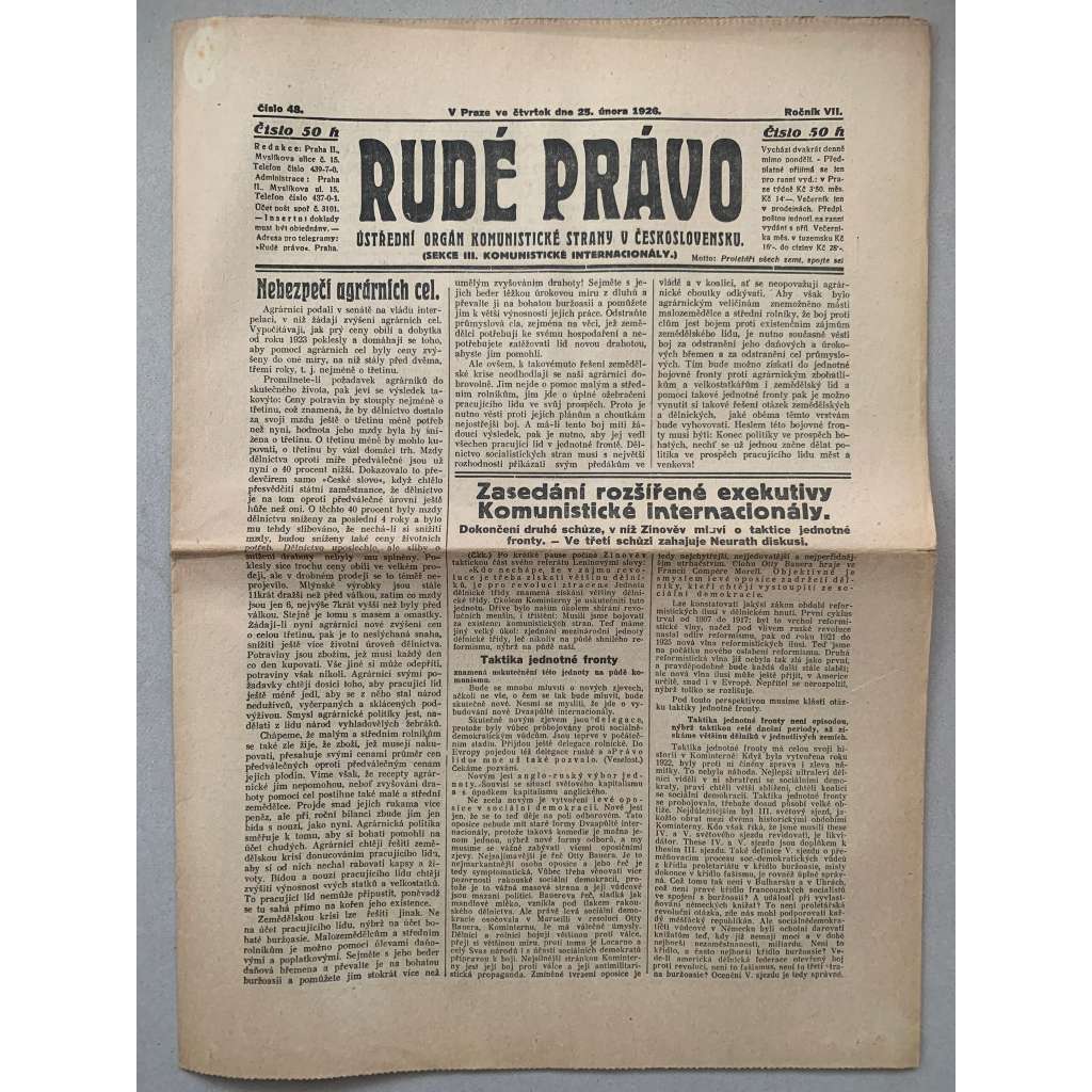 Rudé právo (25.2.1926) - 1. republika, staré noviny