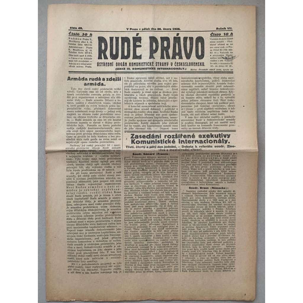 Rudé právo (26.2.1926) - 1. republika, staré noviny