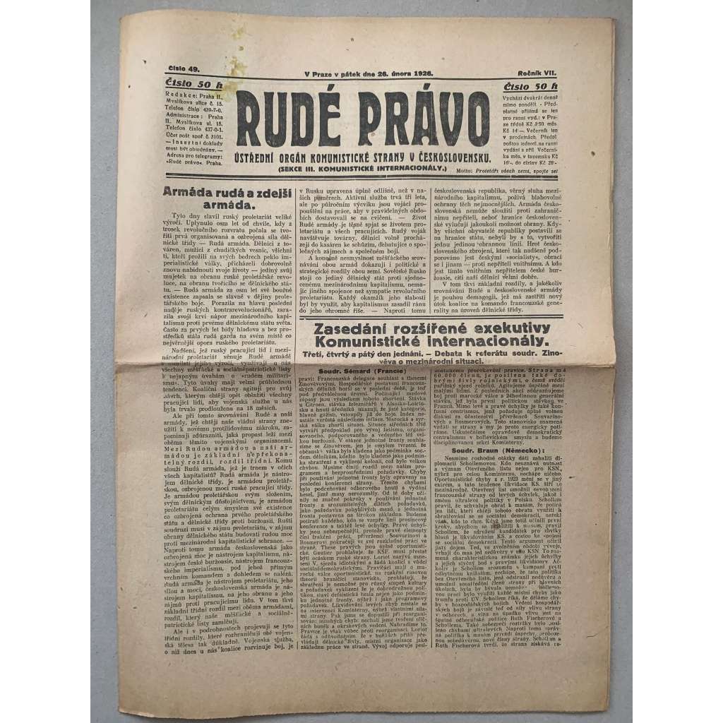 Rudé právo (26.2.1926) - 1. republika, staré noviny