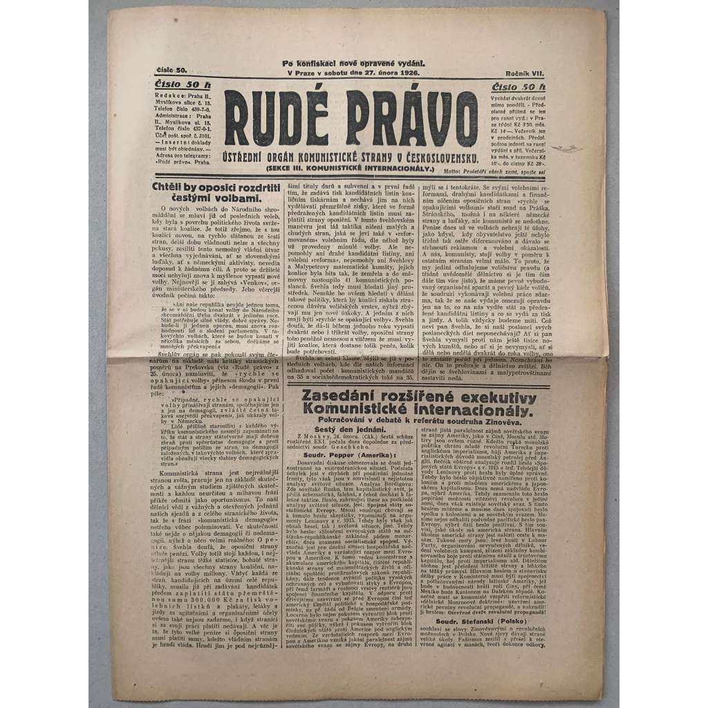 Rudé právo (27.2.1926) - 1. republika, staré noviny