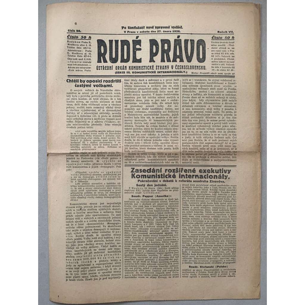 Rudé právo (27.2.1926) - 1. republika, staré noviny