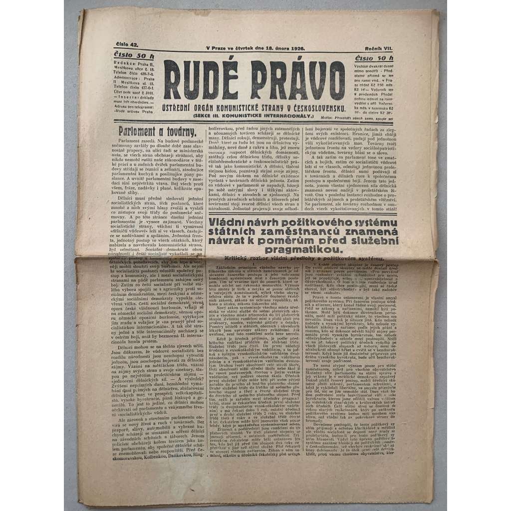 Rudé právo (18.2.1926) - 1. republika, staré noviny