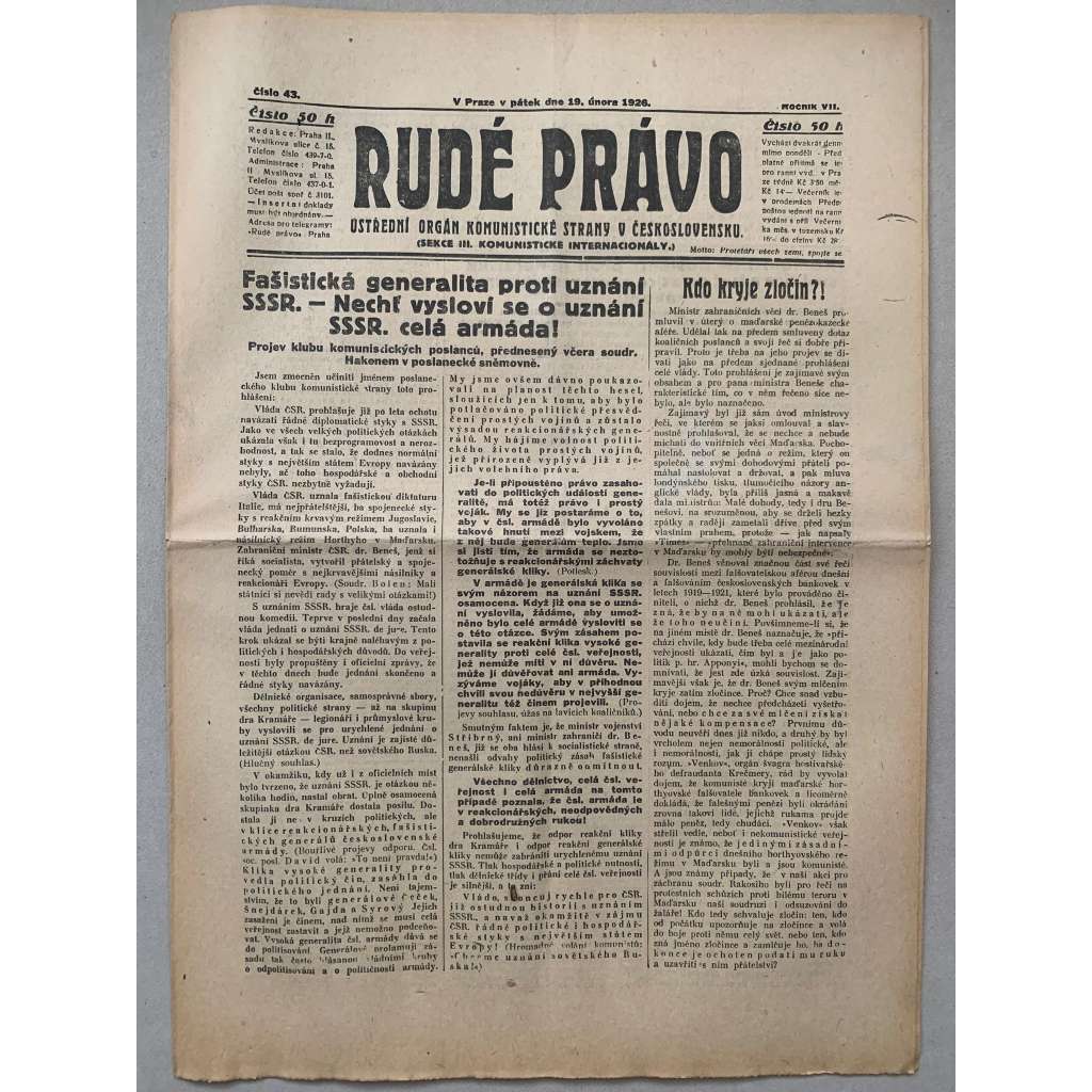 Rudé právo (19.2.1926) - 1. republika, staré noviny