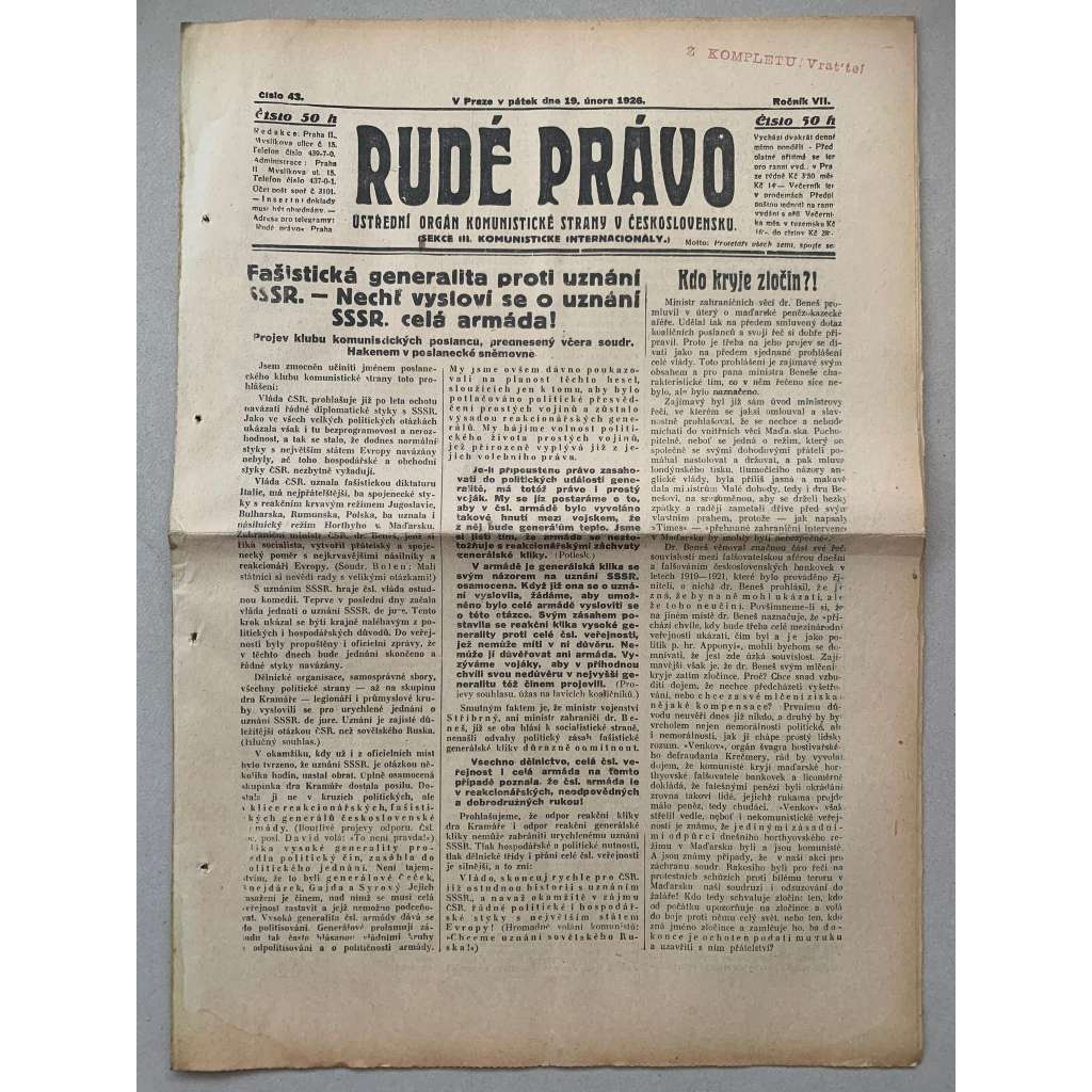 Rudé právo (19.2.1926) - 1. republika, staré noviny