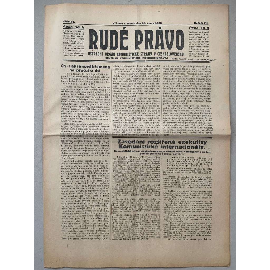 Rudé právo (20.2.1926) - 1. republika, staré noviny