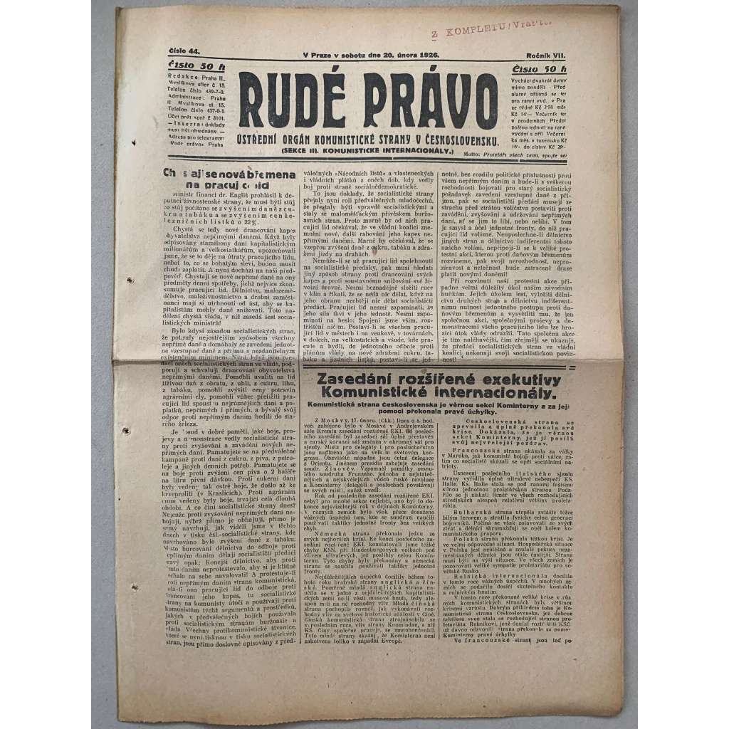 Rudé právo (20.2.1926) - 1. republika, staré noviny