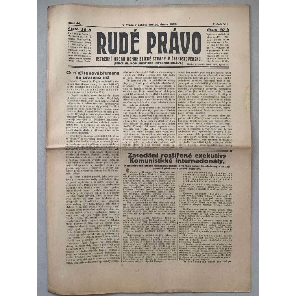 Rudé právo (20.2.1926) - 1. republika, staré noviny