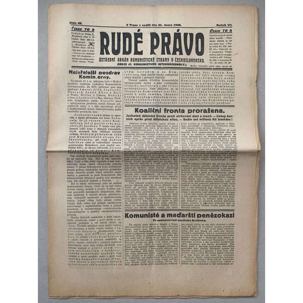 Rudé právo (21.2.1926) - 1. republika, staré noviny