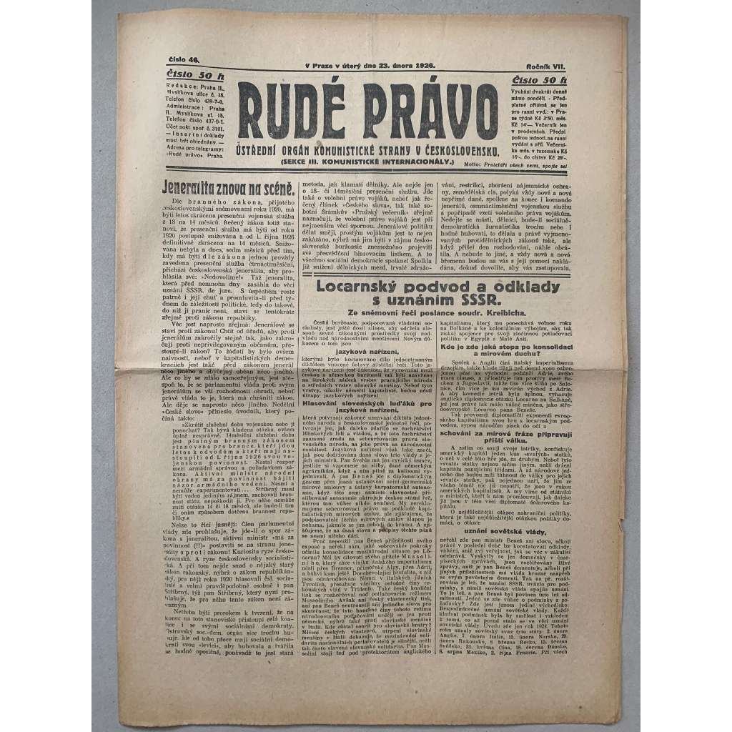 Rudé právo (23.2.1926) - 1. republika, staré noviny