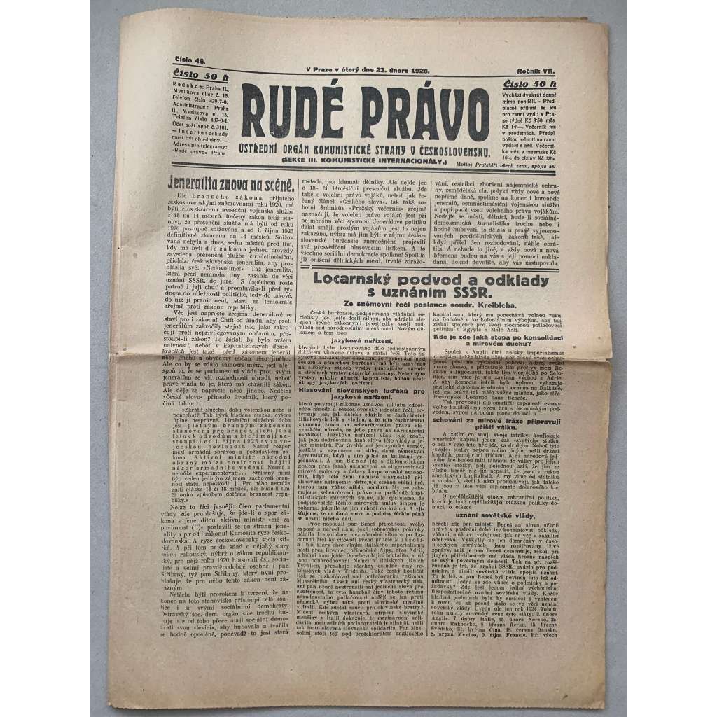 Rudé právo (23.2.1926) - 1. republika, staré noviny