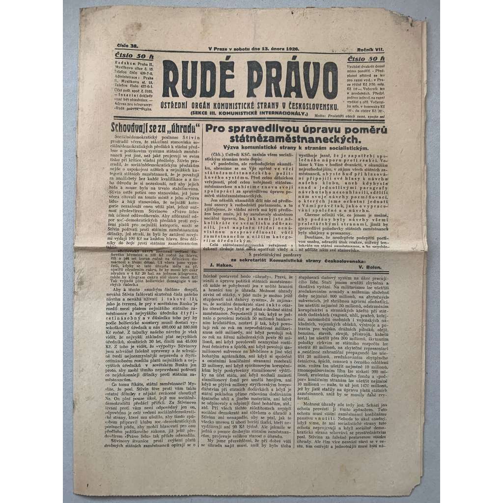Rudé právo (13.2.1926) - 1. republika, staré noviny