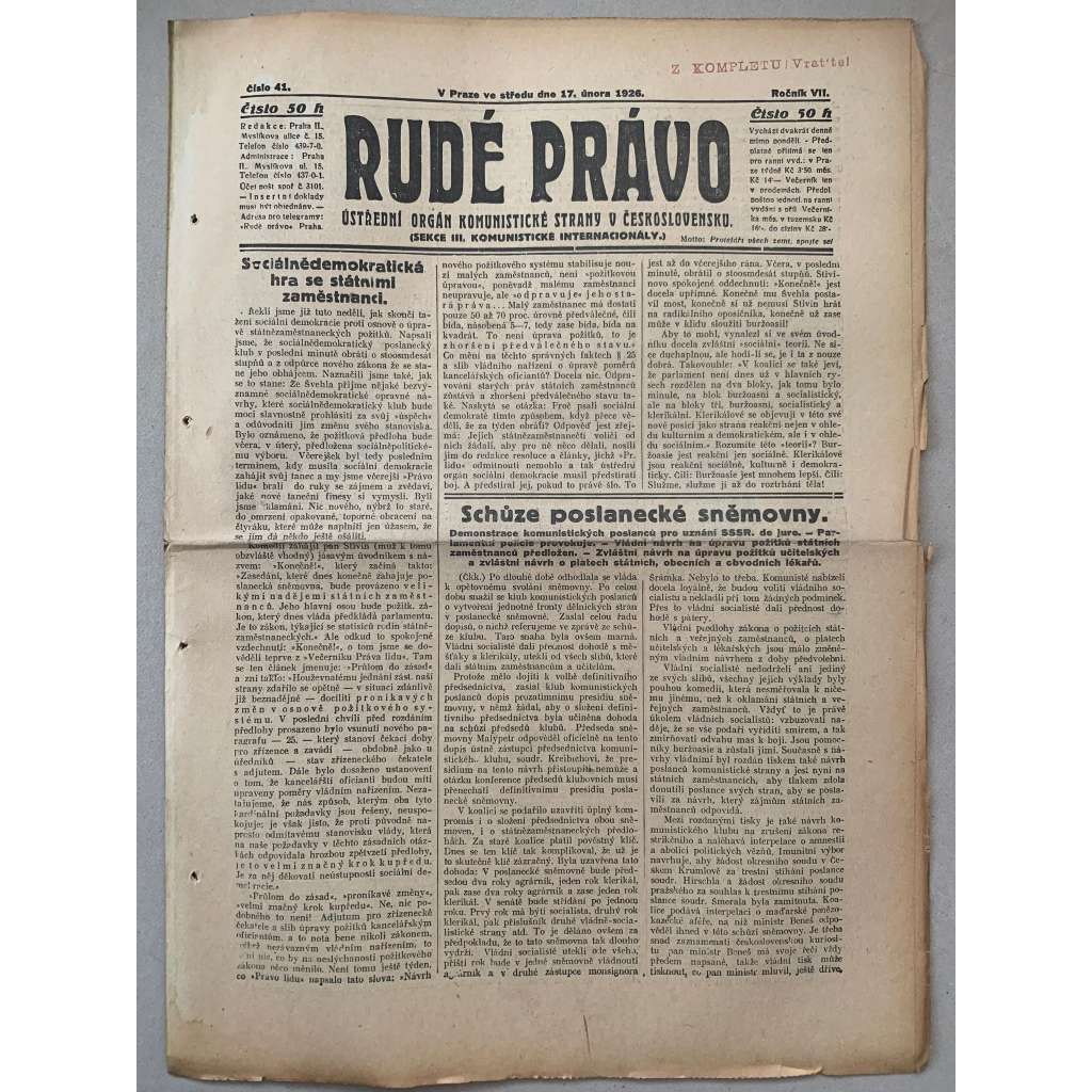 Rudé právo (17.2.1926) - 1. republika, staré noviny